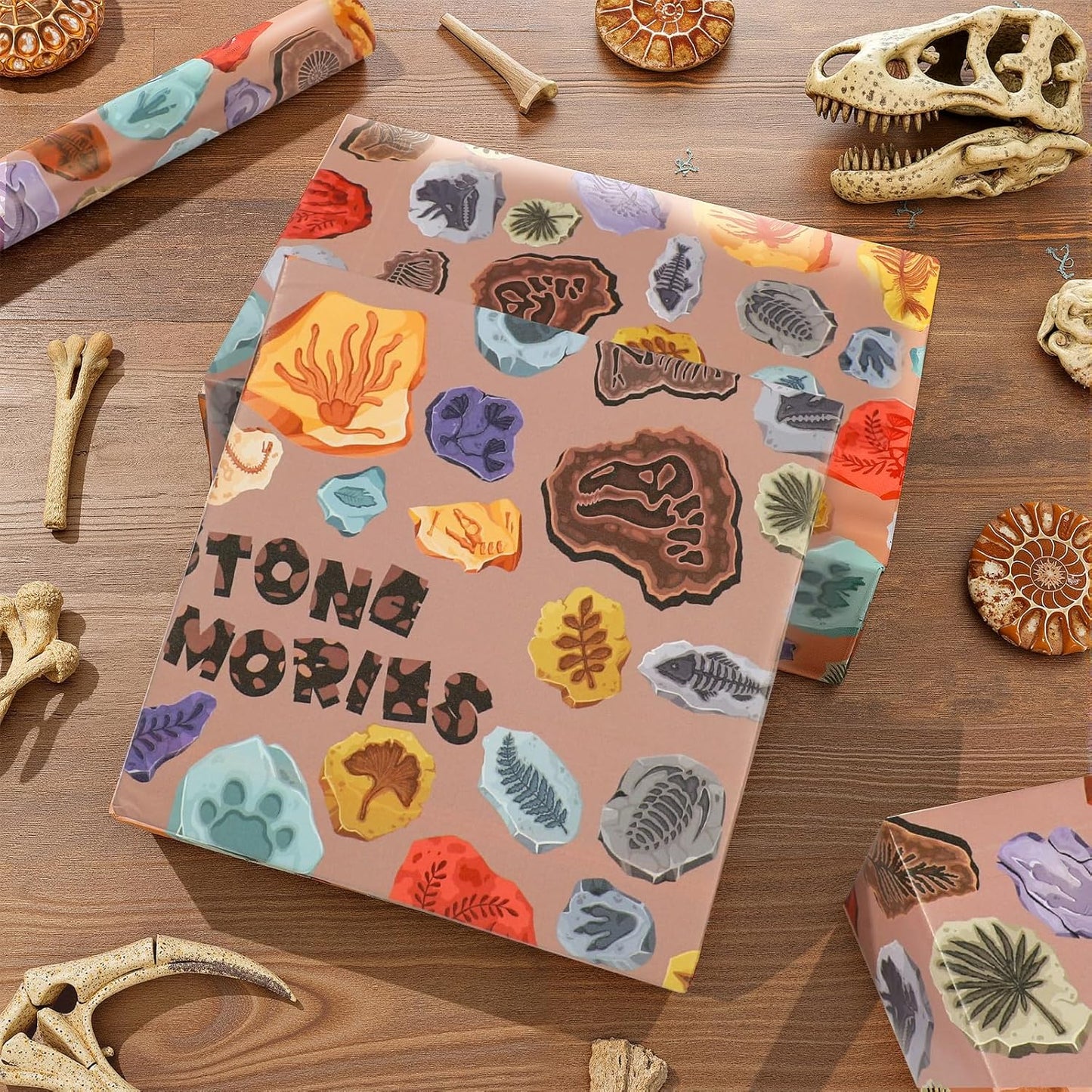Pineraap Fossil Wrapping Paper Roll - 17Inch x16.4Feet - Dinosaur Animal Skeletons Paleontology Theme Gift Wrap for Science Parties,Birthdays,Educational Events