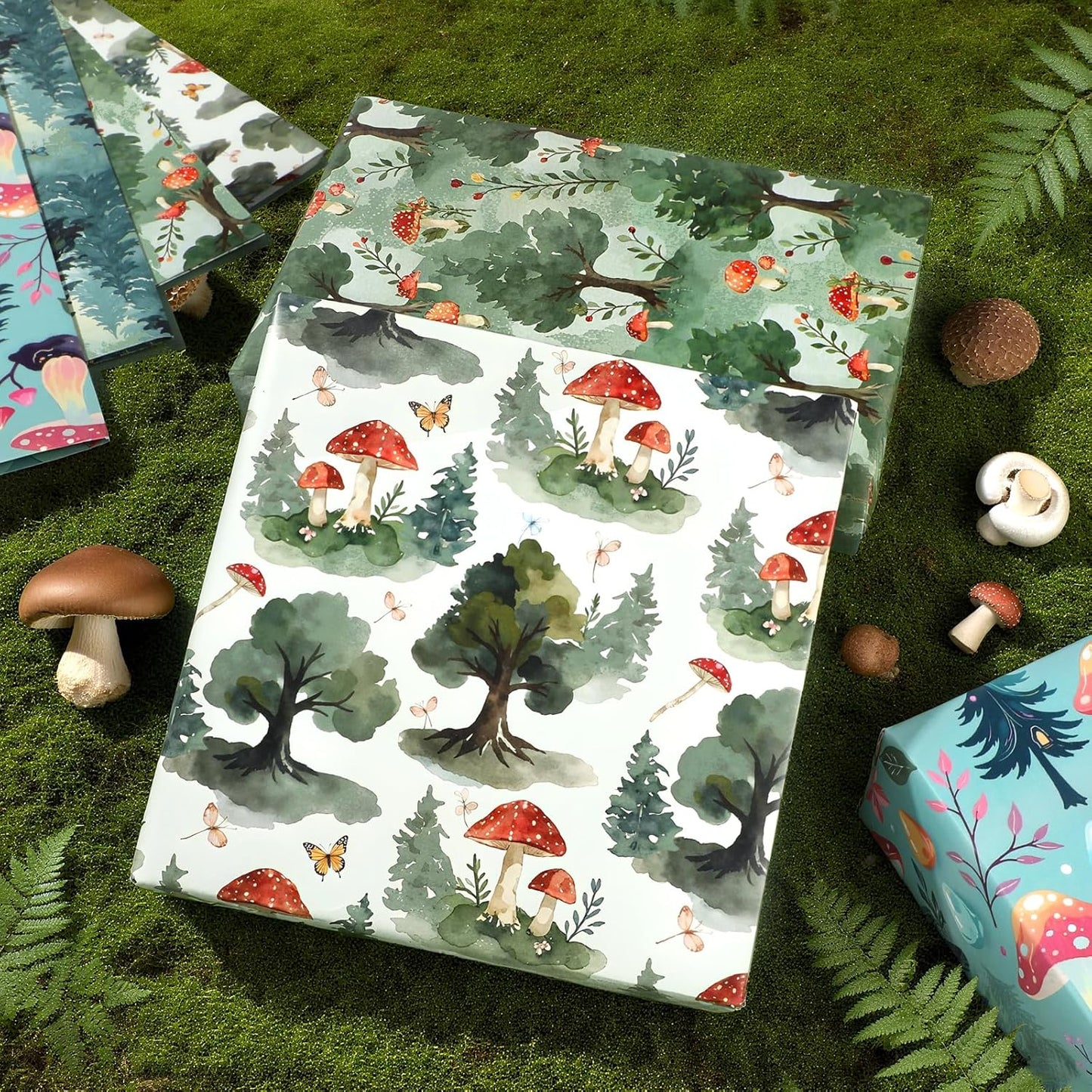 Pineraap Mushroom Wrapping Paper 12 Sheets Forest Woodland Gift Wrap for Nature Lovers,Birthday,Baby Shower,20"×28"