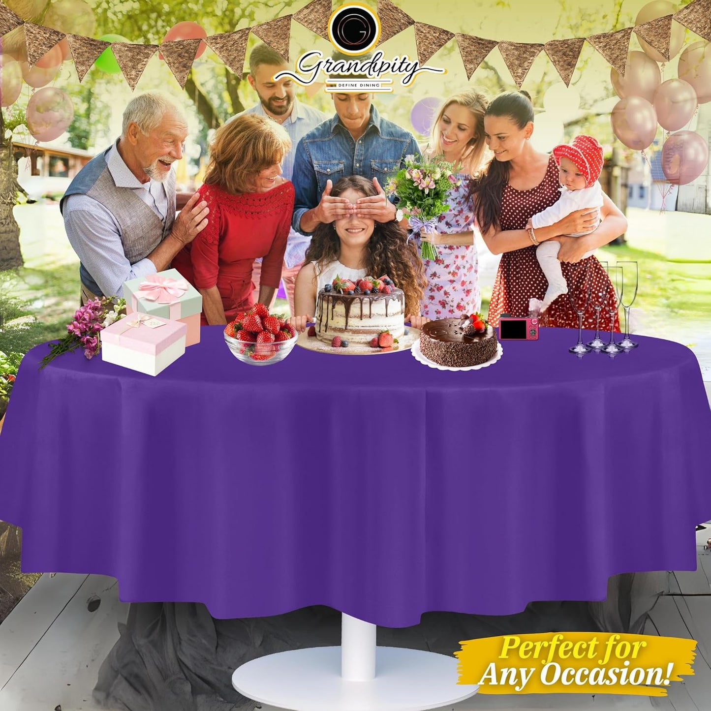 Grandipity 12 Pack Premium Disposable Plastic Tablecloth 84" Inch Decorative Round Table Cover - Purple