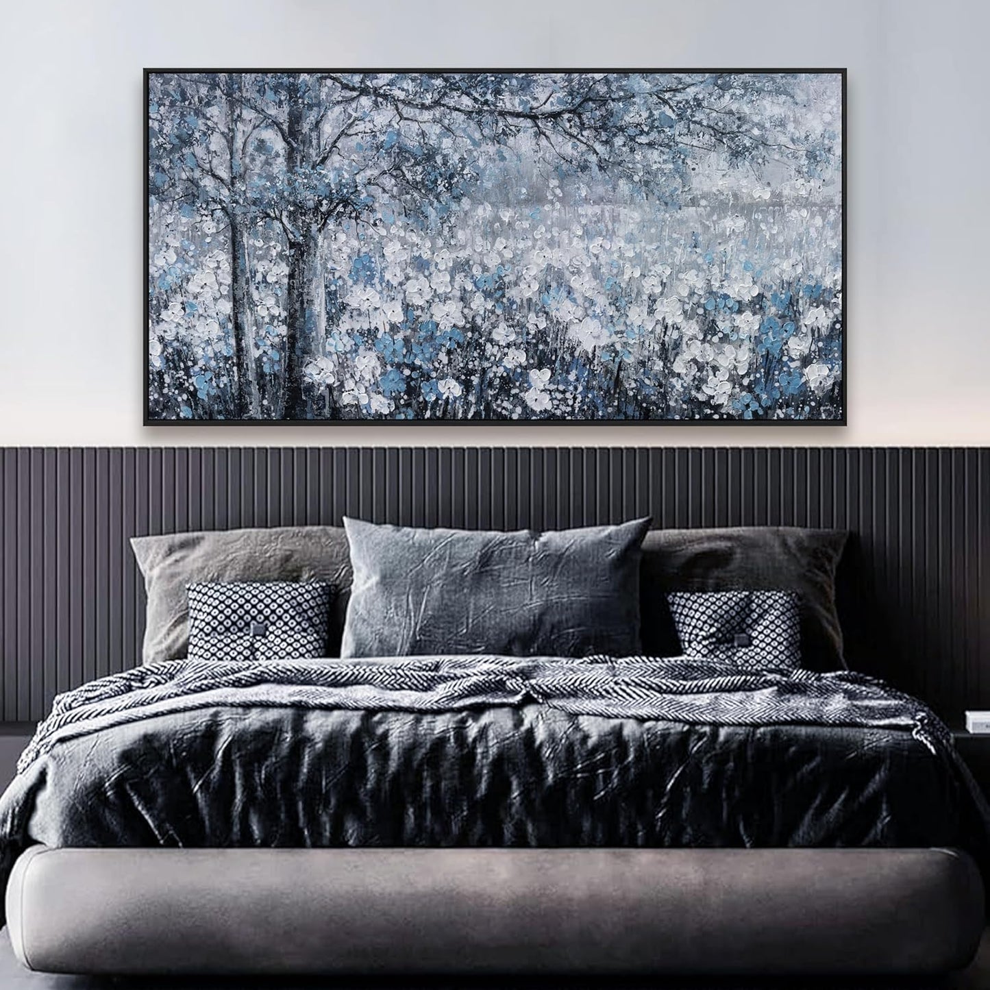 Wall Art Framed Artwork Blue And Gray White Tree Flower Landscape Decor Modern Canvas Wall Prints Abstract Wall Decor Suitable For Bedroom Apartment Office Wall Decor Can Be Hung 24"X48"