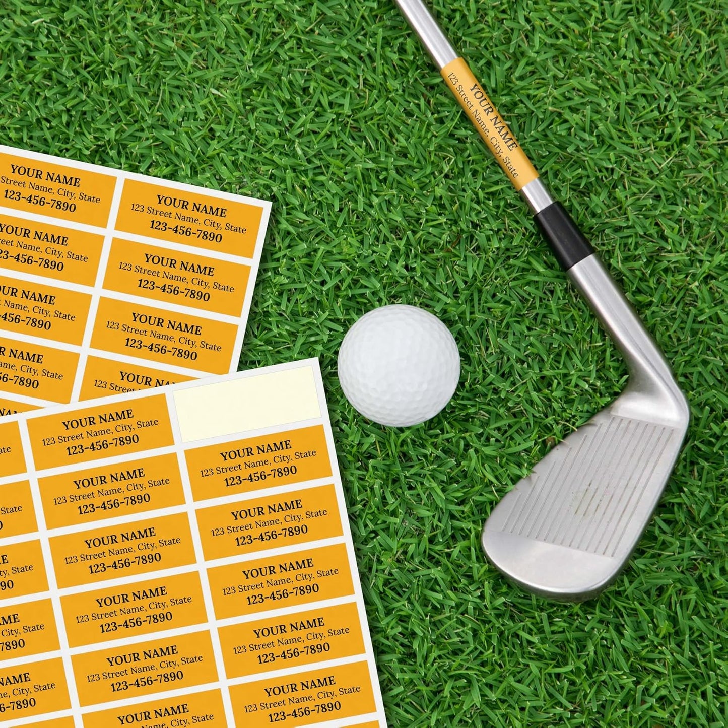 Custom Yellow Golf Club ID Labels, Personalized Golf Club Name Sticker,0.75x2 Inches, Set of 30, 4 Mil Vinyl Decal Stickers Weather Resistant, Made in USA by My Sign Center