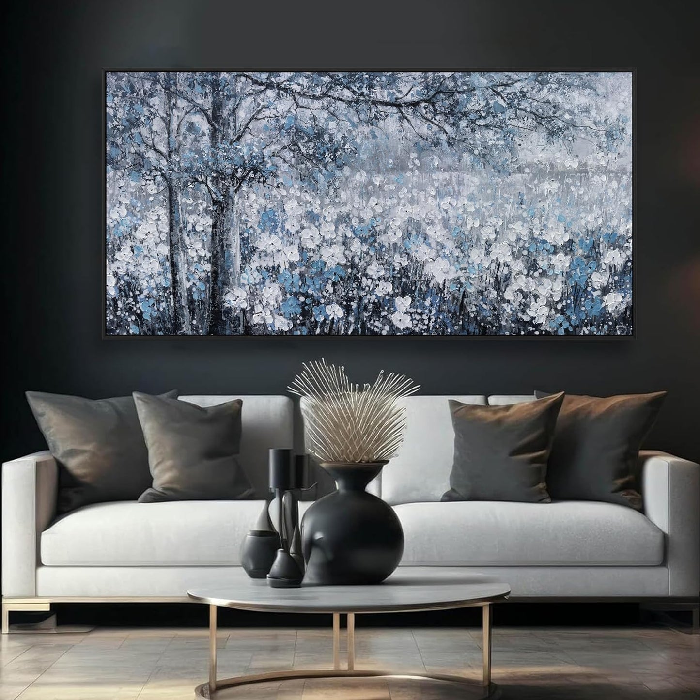 Canvas Wall Art Frame for Modern Living Room 29x58 Inches - Large Elegant Blue and White Tree Flower Landscape Picture Artwork for Bedroom, Dining Room, Home Office Decor