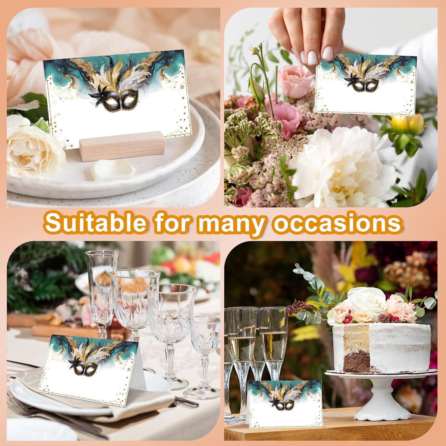 Masquerade Place Cards, Masquerade Party Table Place Cards For Table Setting, Mask Party Name Cards For Birthday Bridal Shower Dinner Wedding, 25 Cards Included -09