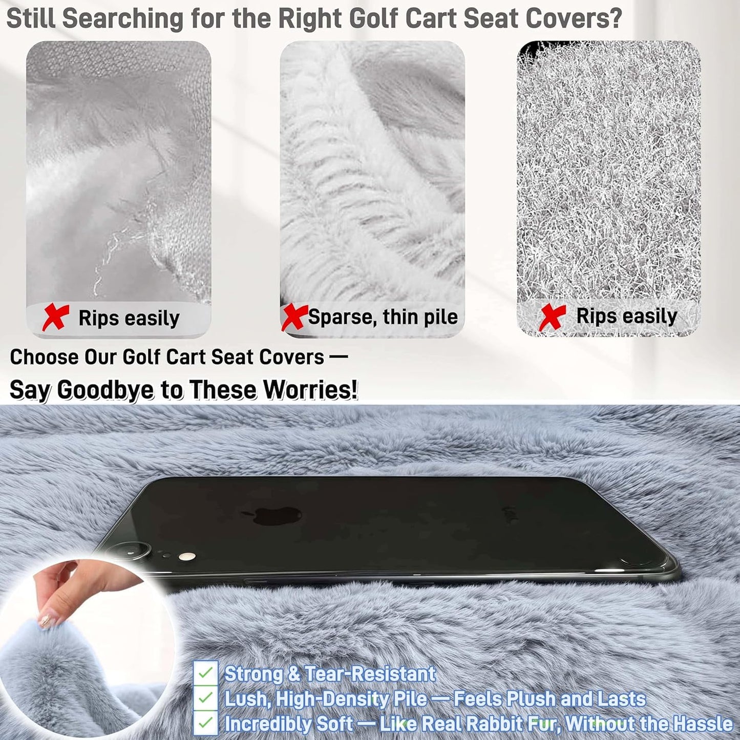 Golf Cart Seat Covers - Soft Faux Fur Seat Blanket, with 4 Pockets, Non-Slip, Thick & Warm, Fit EZGO, Club Car, Yamaha, Epic and Other 2-Seat Golf Cart, All-Season, 51"x 33", Light Gray
