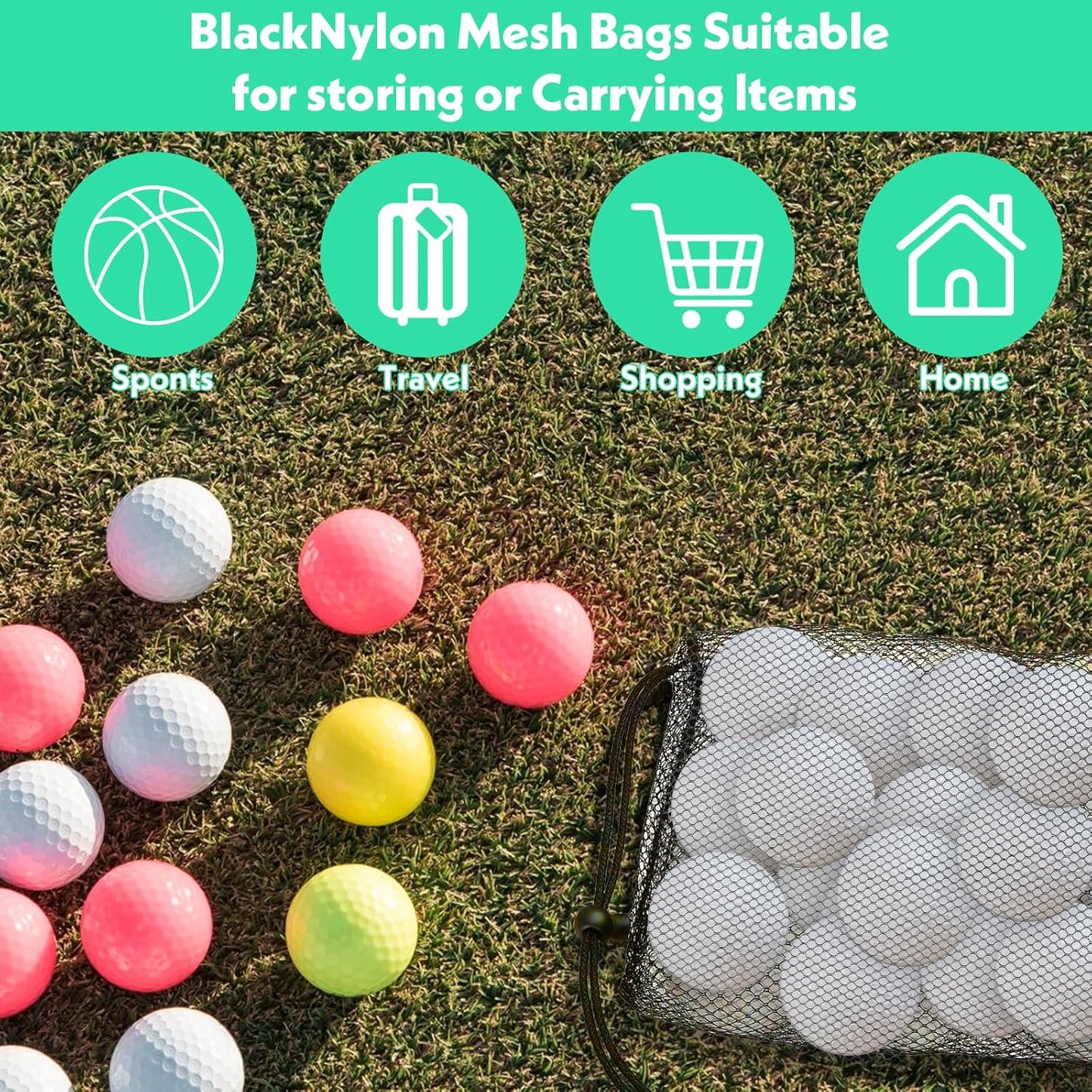 Grevosea 4 Pcs Mesh Bags with Drawstring, Nylon Mesh Golf Ball Bag Golf Storage Pouch Sports Equipment Organizer Sack for Collecting Half Balls Tennis Beach Travel Accessories (2 Sizes)
