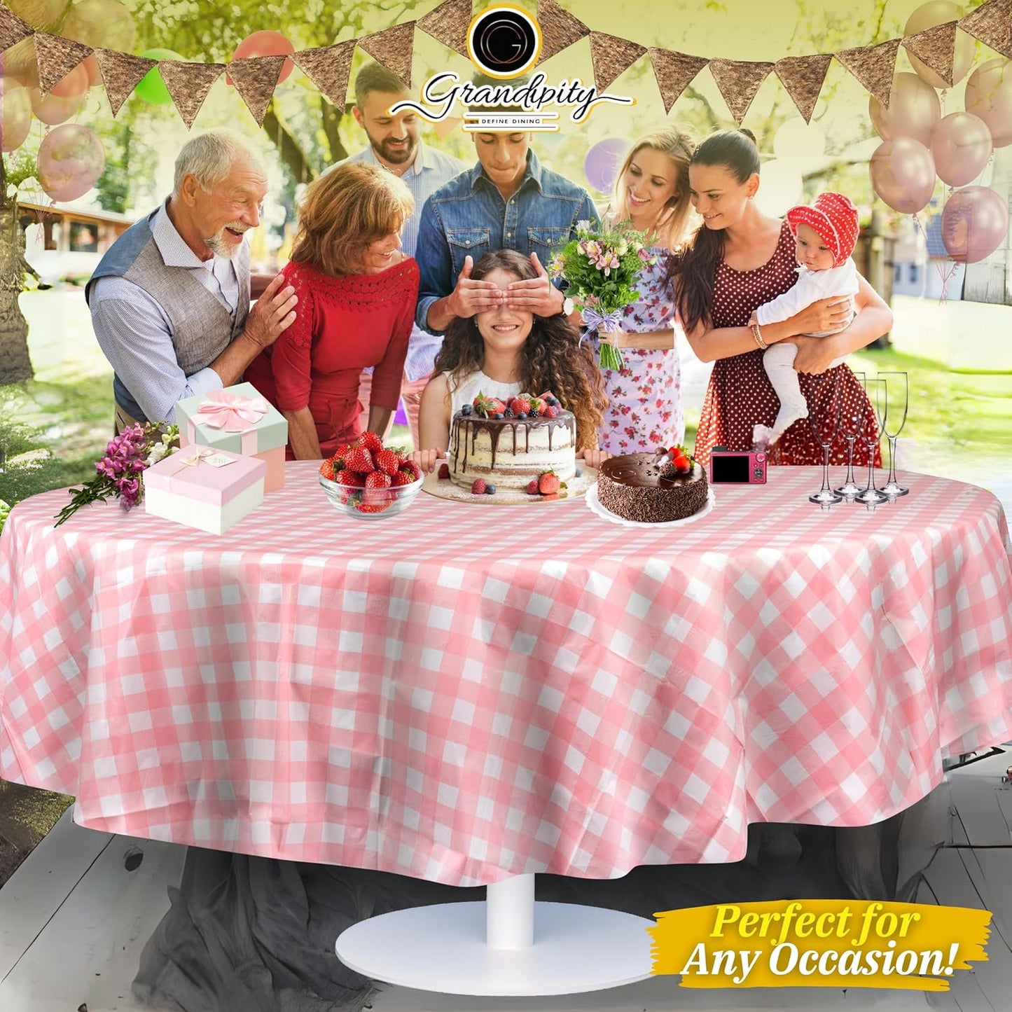 Grandipity 12 Pack Premium Disposable Plastic Tablecloth 84" Inch Decorative Round Table Cover - Pink Checkered Gingham