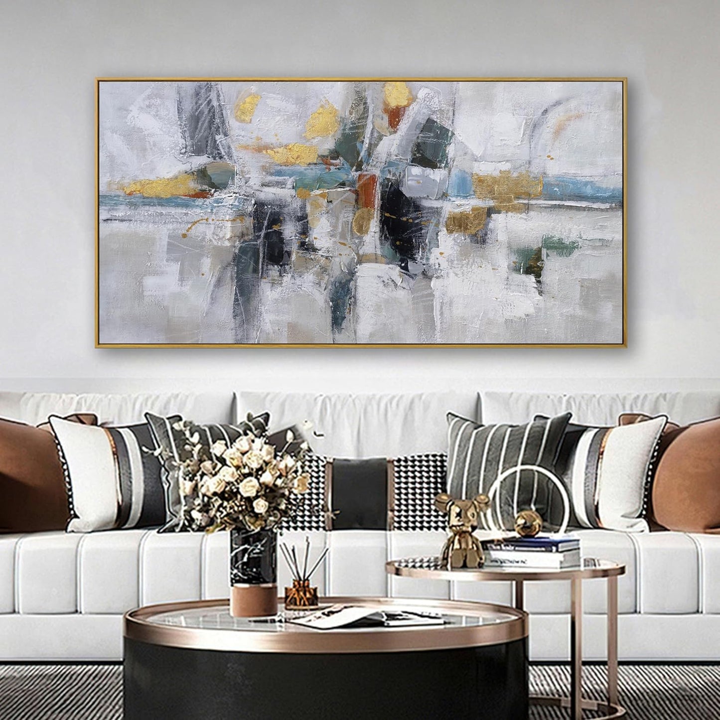 Teal Gold Wall Art Abstract Painting Wall Decor Living Room Modern 24"X 48" Framed Canvas Wall Art Office Decor Black Wall Art Canvas Prints Artwork For Bathroom Kitchen Colorful Wall Decoration