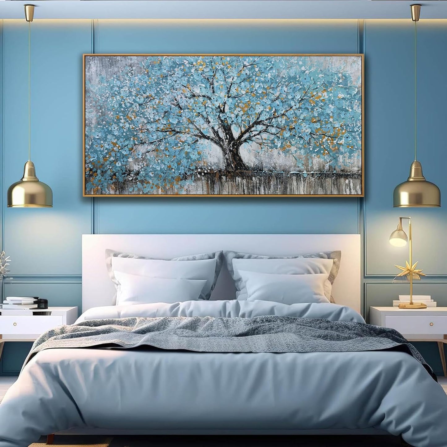 Wall Art Teal Blue Nature Abstract Tree Of Life Framed Modern Artwork Canvas Painting Textured Tree Pictures Wall Decor For Living Room Bedroom Dining Room Home Office Decor 24"X48" With Framed