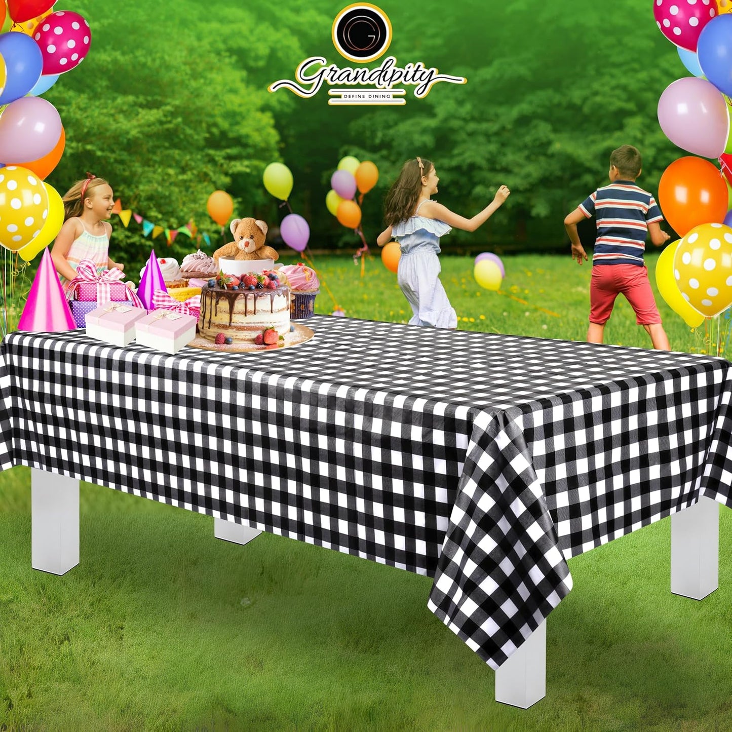 Grandipity 12 Pack Premium Disposable Plastic Tablecloth 54 Inch. x 108 Inch. Decorative Rectangle Checkered Table Cover - Black Checkered Gingham