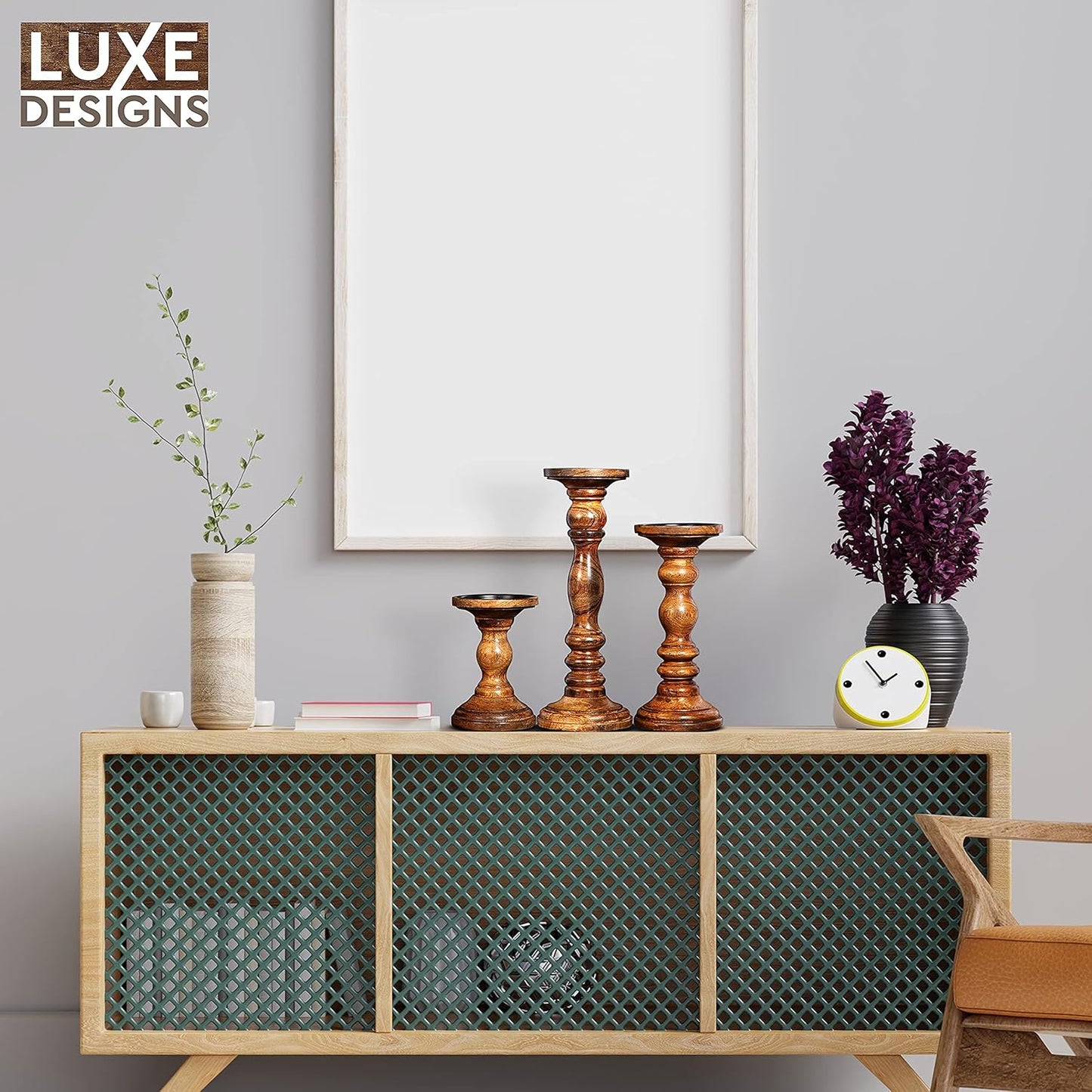 Large Candle Holders for Pillar Candles - Rustic Farmhouse Style Home Decor - Perfect for Table Centerpieces, Coffee Table or Fireplace Mantel - 3 Piece Set - Natural