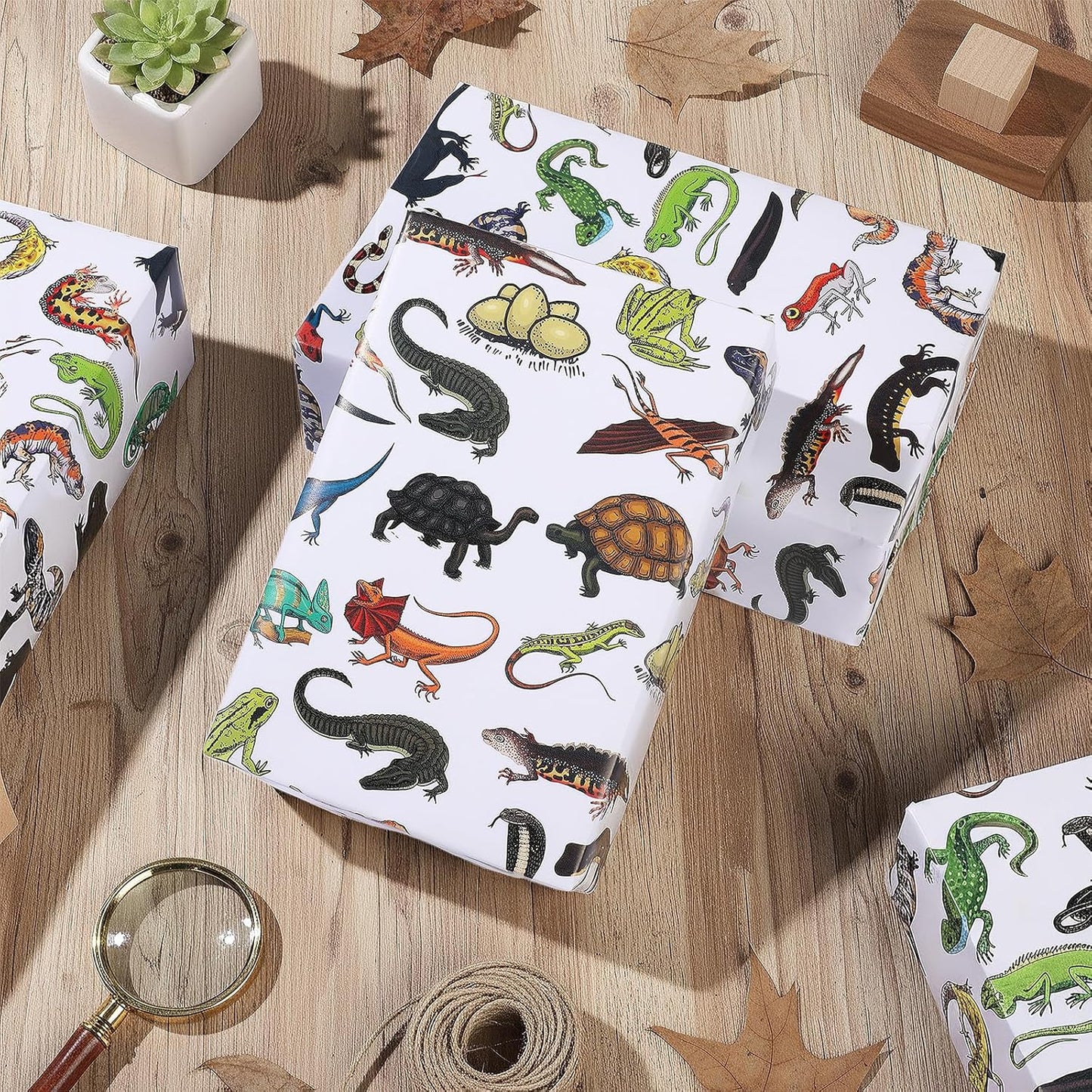 Pineraap Exotic Pet Wrapping Paper Roll - 17Inch x16.4Feet - Leopard Gecko Chameleon Snake Frog Turtle Reptiles Theme Gift Wrap for Reptile Lovers,Birthday Parties,Holiday Gifts