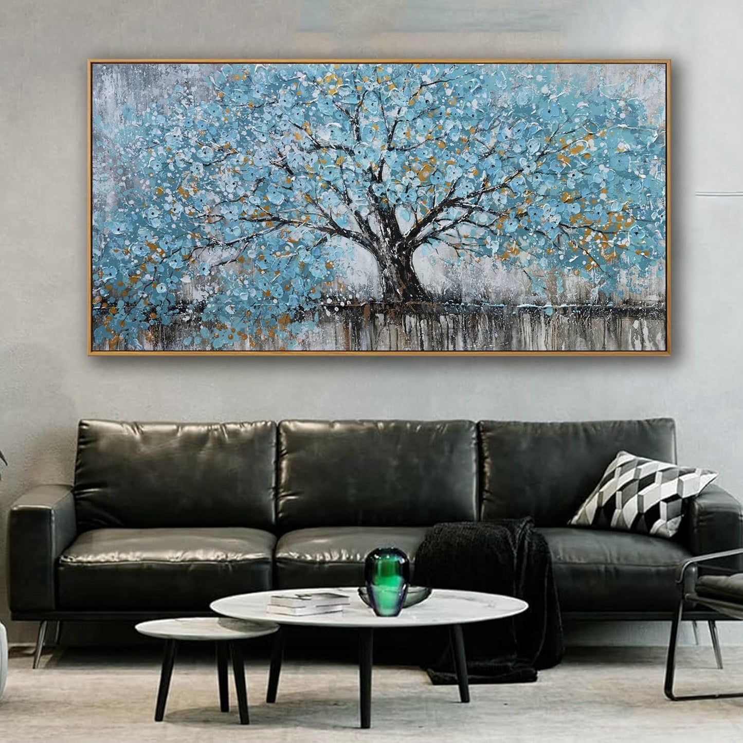 Large Wall Art Teal Blue Abstract Tree Of Life Framed Modern Artwork Canvas Painting Textured Tree Pictures Wall Decor Home Decor Wall Ready To Hang For Bedroom Living Room Size 29"X58"