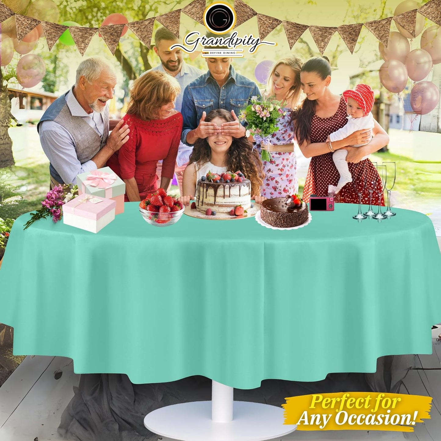 Grandipity 12 Pack Premium Disposable Plastic Tablecloth 84" Inch Decorative Round Table Cover - Aqua