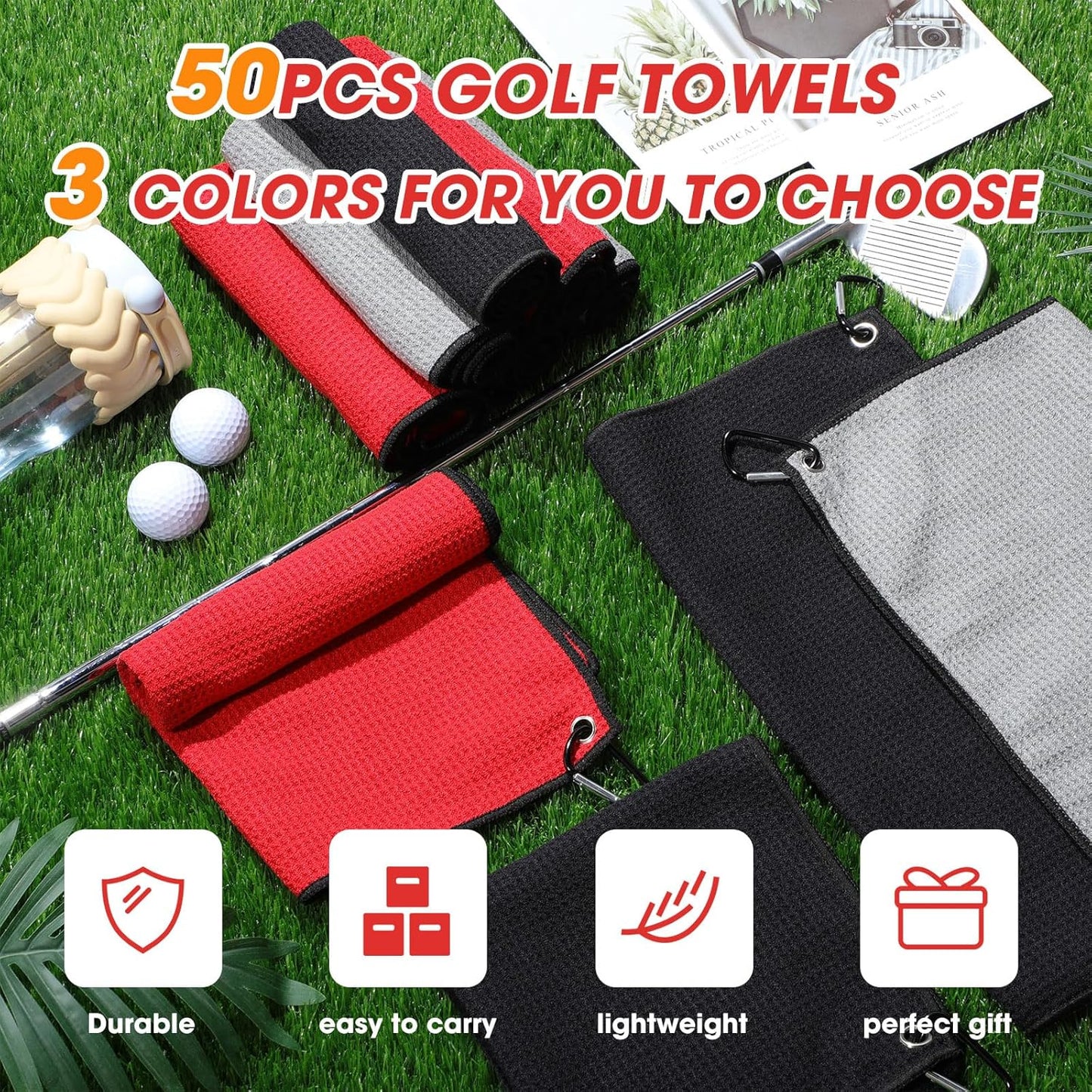 Batiyeer Golf Towels Bulk for Bags 16'' x 16'' Microfiber Waffle Pattern Golf Towel with Clipfor Mini Tournament, Club, Yoga, Fitness