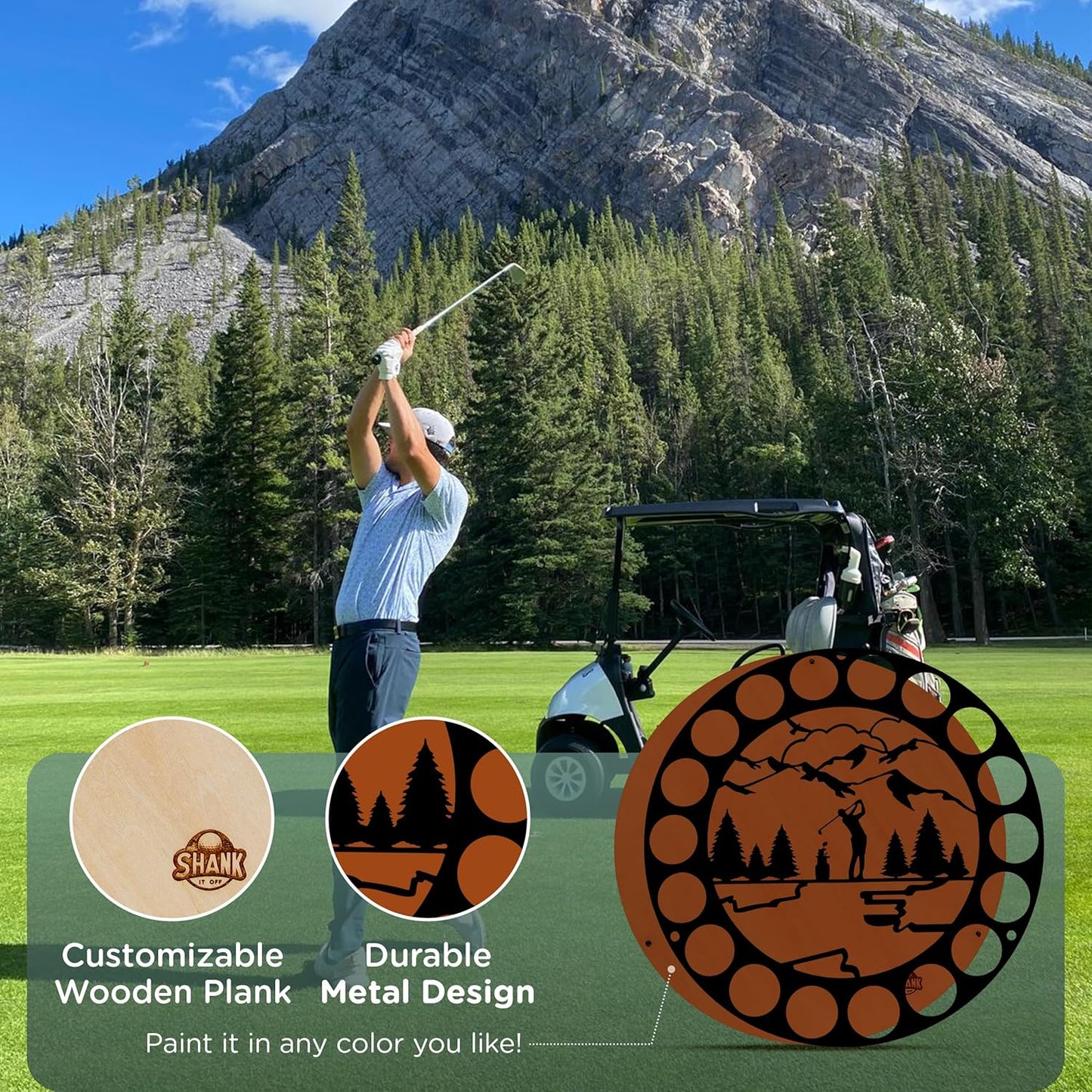 Circular Golf Ball Display Case for 18 Balls – Wall Mount Golf Ball Holder Display with Metal & Wood Design, Customized Wooden Backing, Easy Drill-Free Mounting – Gift for Golf Enthusiasts