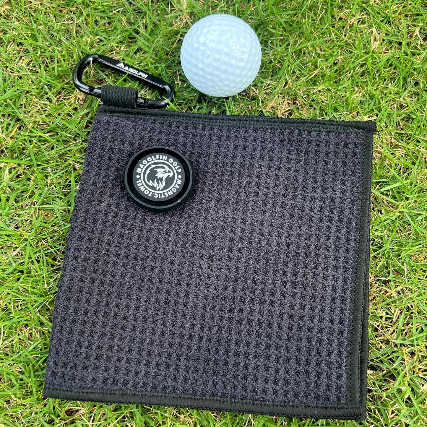 Small Magnetic Golf Towel with Clip, Microfiber Waffle Design - Industrial Strength Magnet for Glof Balls, Golf Bags, Carts Clubs - Black
