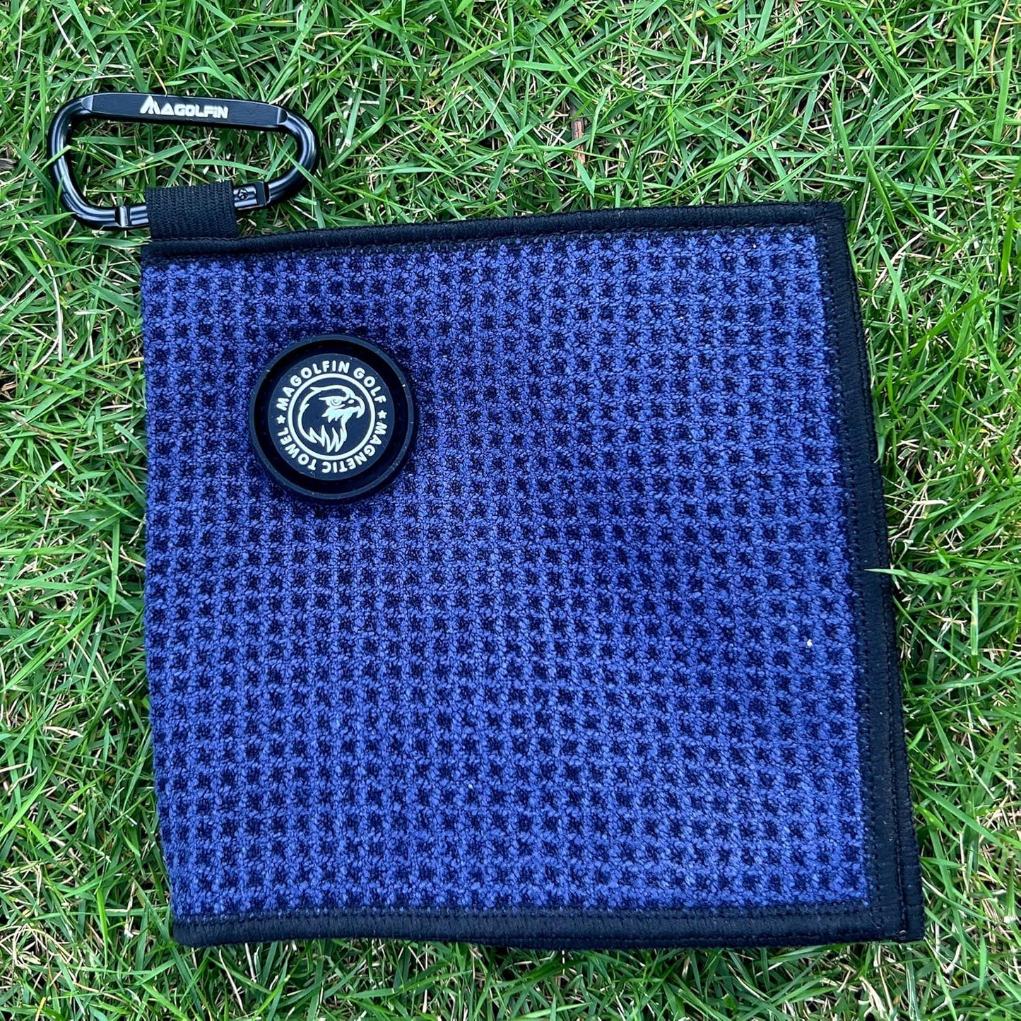 Small Magnetic Golf Towel with Clip, Microfiber Waffle Design - Industrial Strength Magnet for Glof Balls, Golf Bags, Carts Clubs - Navy Blue