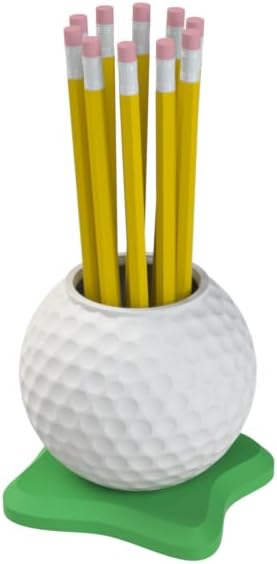 Golf Ball Pen Holder Desk Organizer, White with Green Base – Golf Gift for Office, Home, Golf Lovers.