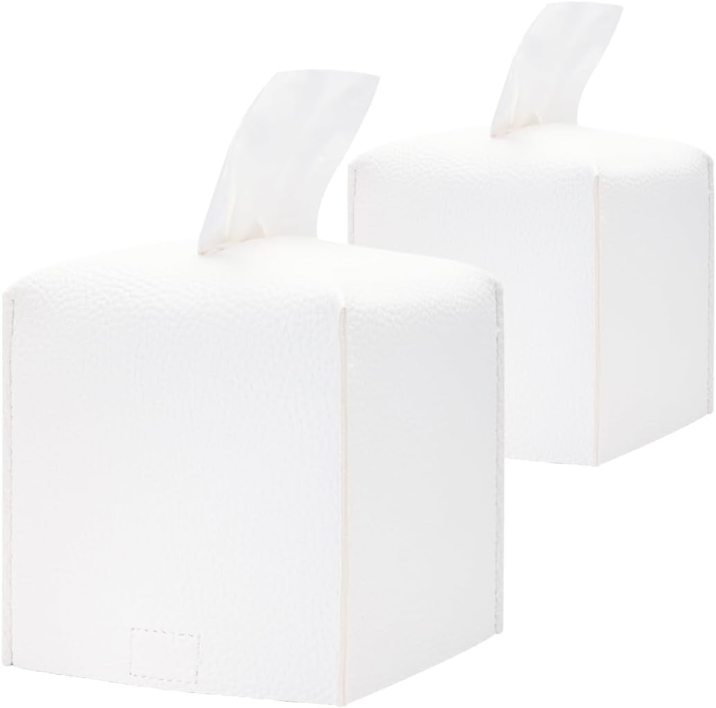 HOMOTEK 2 Pack Tissue Box Cover, Square PU Leather Tissue Holder, Decorative Facial Tissue Cube Paper Organizer Dispenser for Bathroom, Night Stands, Desk, Car 5X5X5'' - White, Pebble Grain