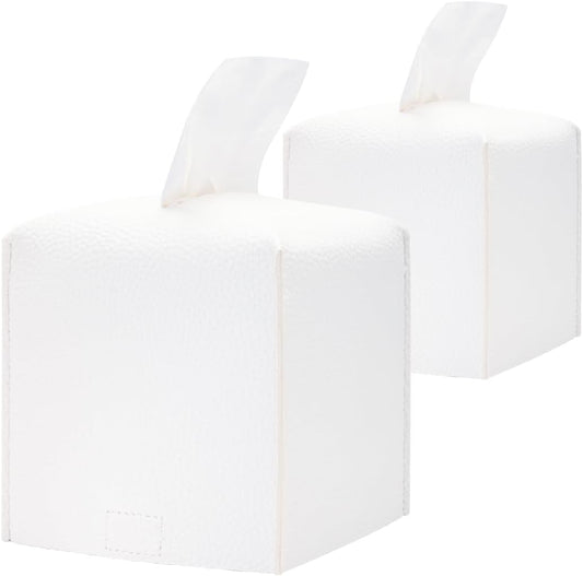 HOMOTEK 2 Pack Tissue Box Cover, Square PU Leather Tissue Holder, Decorative Facial Tissue Cube Paper Organizer Dispenser for Bathroom, Night Stands, Desk, Car 5X5X5'' - White, Pebble Grain