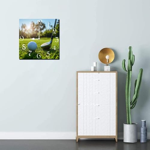 Golf Square Clock Silent No Tick Battery Powered Home Decor 10inch Wooden Wall Clock for Living Room Kitchen Bathroom Farmhouse