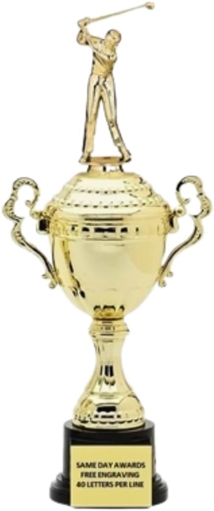 Golf Trophy Cup Monaco Gold with Male Golf Driver Figure – Custom Engraved Championship Award for Tournaments Leagues and Player Recognition Longest Drive