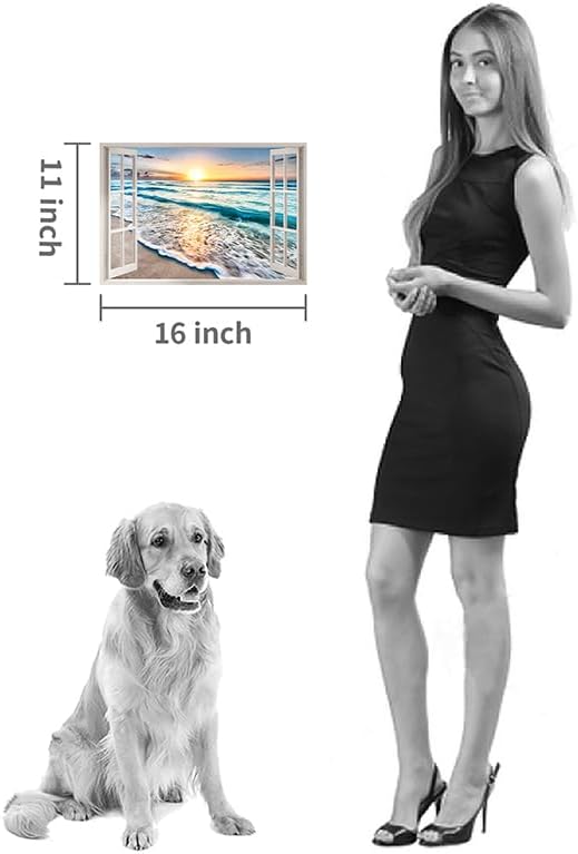 beach canvas window wall art: beach picture coastal artwork seascape ocean scene prints - looking out fake window wall decor for bathroom 12"x16"