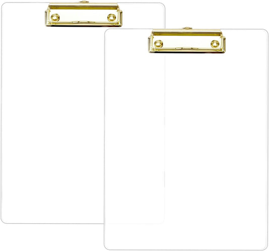 Thick Acrylic Clear Clipboards with Gold Clip 2-Pack, Durable Stylish Clipboards with Low Profile Clip