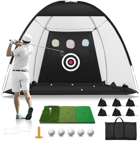 Golf Net: 10x7FT Golf Practice Net for Backyard Driving, Hitting Net with Tri-Turf Mat, Indoor Training Chipping Aid Nets with Reduce Noise Nylon Target, for Golfers