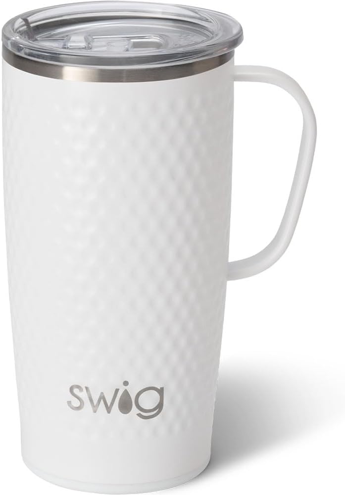 Swig Life 22oz Travel Mug, Insulated Tumbler with Handle and Lid, Cup Holder Friendly, Dishwasher Safe, Stainless Steel, Travel Coffee Cup, Insulated Mug with Lid (Golf Ball)