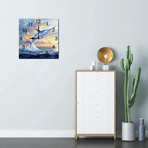 Football Square Clock Silent No Tick Battery Powered Home Decor Wooden Wall Clock for Living Room Kitchen Bathroom Farmhouse 10inch