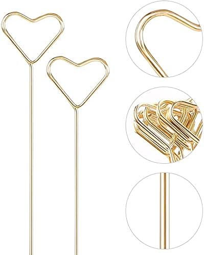 H&W 12''L Golden Heart Loop Round Shape Card Holders 40PCS Floral Picks Clips for Wedding & Flower Arrangements, DIY Craft Wire Clip Table Card Holders Note Photo Picture Memo Holder Cake Topper
