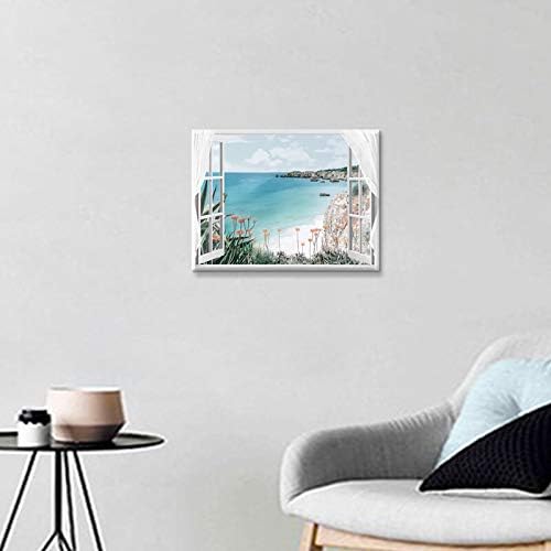 Hardy Gallery Coastal Painting Seascape Wall Art: Open Window View Picture Blue Ocean & Beach Artwork on Canvas for Bedroom (16'' x 12'' x 1 Panel)