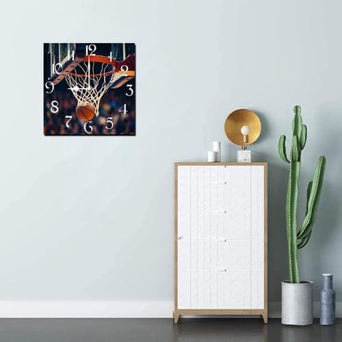Basketball Square Clock Silent No Tick Battery Powered Home Decor 10inch Wooden Wall Clock for Living Room Kitchen Bathroom Farmhouse