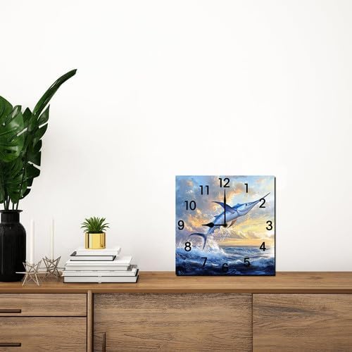 Football Square Clock Silent No Tick Battery Powered Home Decor Wooden Wall Clock for Living Room Kitchen Bathroom Farmhouse 10inch