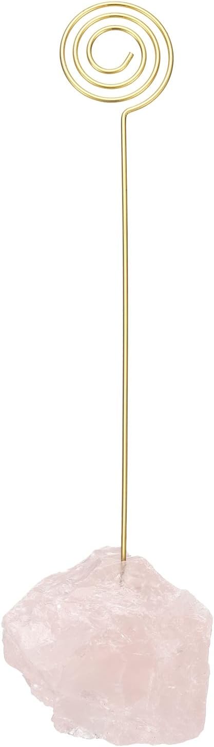 PATIKIL Table Number Holder, 1Pcs Photo Clip Holders Crystal Stone Quartz Desk Card Holder Raw Lollipop Shape Iron Memo Note Photo Stand for Wedding Party Home Office Decor, Pink