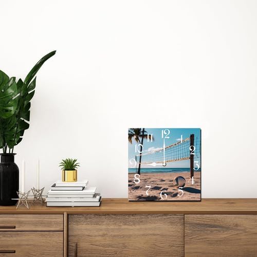 Volleyball Square Clock Silent No Ti.ck Battery Powered Home Decor 10inch Wooden Wall Clock for Living Room Kitchen Bathroom Farmhouse