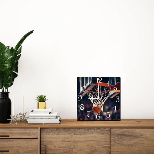 Basketball Square Clock Silent No Tick Battery Powered Home Decor 10inch Wooden Wall Clock for Living Room Kitchen Bathroom Farmhouse