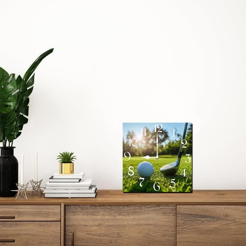 Golf Square Clock Silent No Tick Battery Powered Home Decor 10inch Wooden Wall Clock for Living Room Kitchen Bathroom Farmhouse