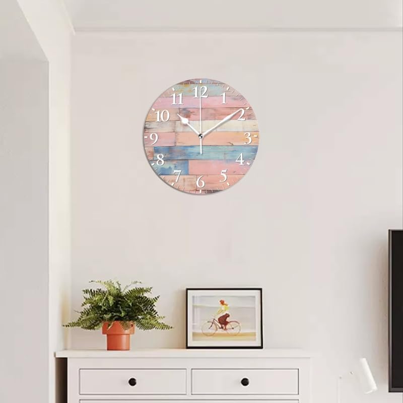 Plank Wall Clock Non-Ticking Silent Clocks Battery Operated Analog Decor Clock for Home-Colorful Pastel Pink Wooden Wall(12inch)