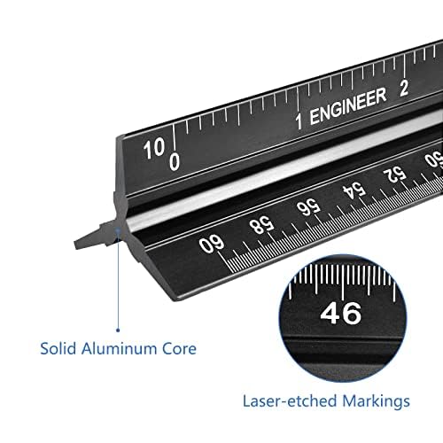 Engineer Scale Ruler, Imperial Measurements 12'', Laser-Etched Aluminum Architect Triangular Ruler Black for Architects, Students, Draftsman, and Engineers