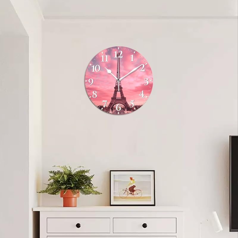 Paris Wall Clock Non-Ticking Silent Clocks Battery Operated Analog Decor Clock for Home-Eiffel Tower with Pink Sky and Pink Clouds(12inch)