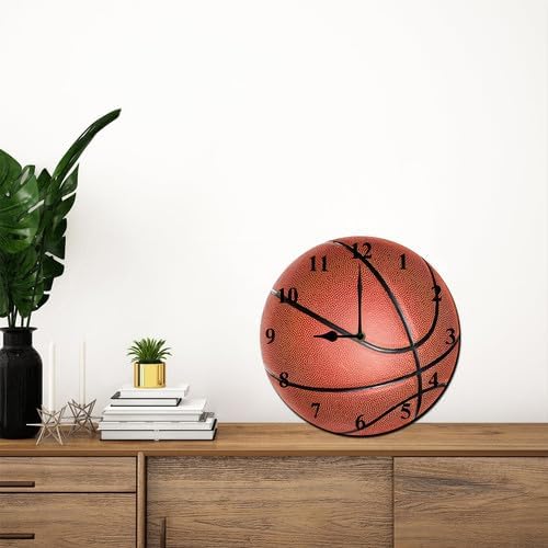Silent No Tick Sports Theme Wall Clock Wooden Round Basketball Pattern Wall Clock Battery Powered Suitable for Home Decoration Boys Room Living Room School Birthday Gift 10inch