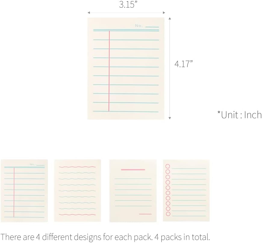 Monolike Memopad Boldline design SET - 4 Packs, 4 Different Designs, 100 Sheets Per Pad, Total 400 Sheets, Note pads, Writing pads, 3.15 x 4.17 Inches