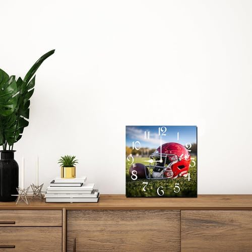 Football Square Clock Silent No Tick Battery Powered Home Decor 10inch Wooden Wall Clock for Living Room Kitchen Bathroom Farmhouse