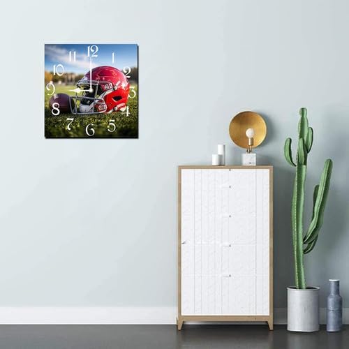 Football Square Clock Silent No Tick Battery Powered Home Decor 10inch Wooden Wall Clock for Living Room Kitchen Bathroom Farmhouse