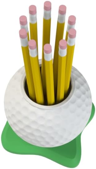 Golf Ball Pen Holder Desk Organizer, White with Green Base – Golf Gift for Office, Home, Golf Lovers.