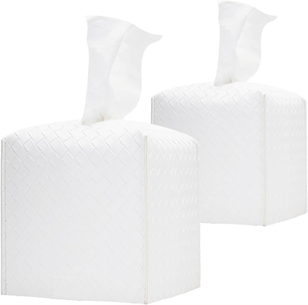 HOMOTEK 2 Pack Tissue Box Cover,PU Leather Tissue Holder,Square Decorative Facial Tissue Cube Paper Organizer Dispenser for Bathroom, Night Stands, Desk, Car 5X5X5'' - Woven Waffle, Pure White
