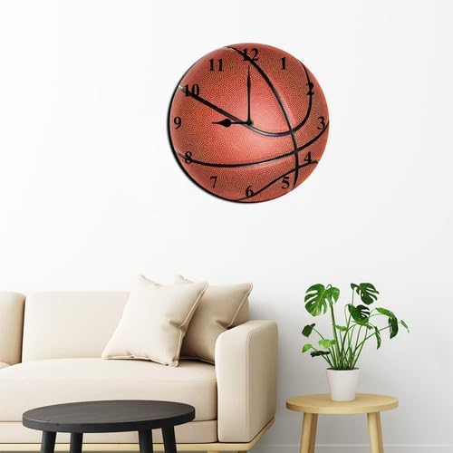 Silent No Tick Sports Theme Wall Clock Wooden Round Basketball Pattern Wall Clock Battery Powered Suitable for Home Decoration Boys Room Living Room School Birthday Gift 10inch