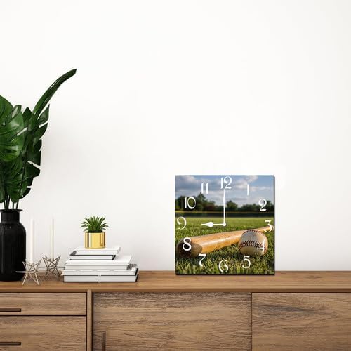 Baseball Square Clock Silent No Tick Battery Powered Home Decor 10inch Wooden Wall Clock for Living Room Kitchen Bathroom Farmhouse